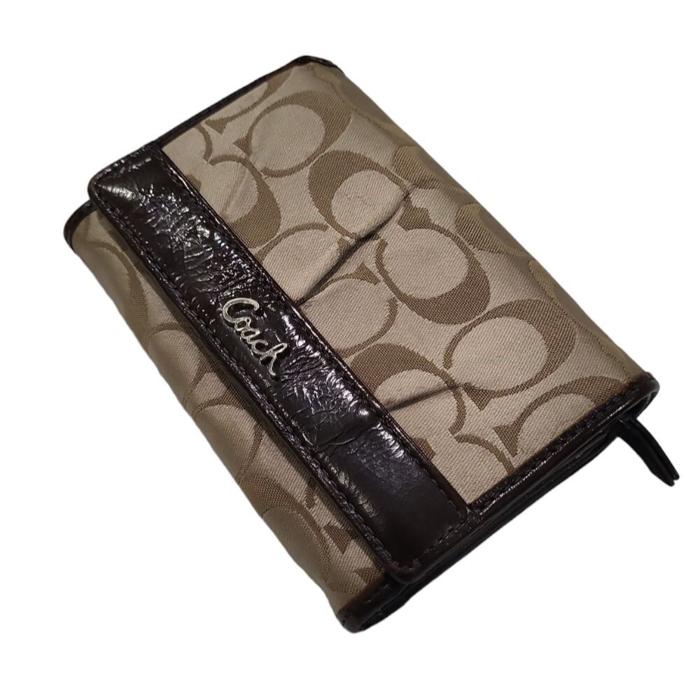 EUC Coach women's signature Monogram leather canvas wallet, tan brown